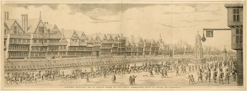 Kongelig inntreden av dronningens mor til Roy Tres Chrestien i City of London av English School
