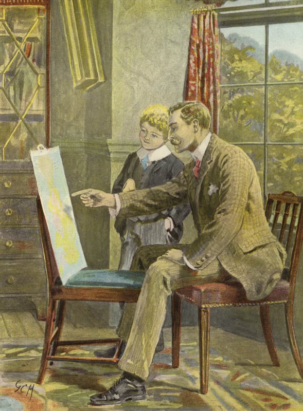 Eric og faren hans prater om en elv (litho i farge) av English School