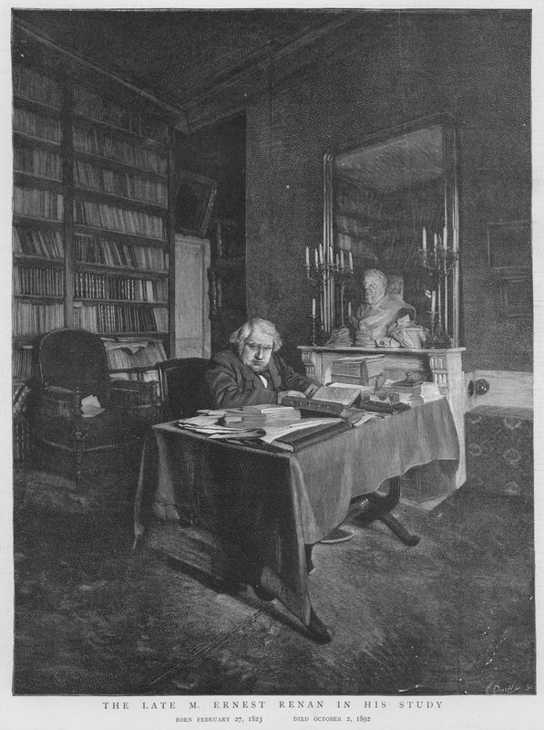 Ernest Renan , fransk filosof og religionshistoriker, i sin studie (litho) av English School