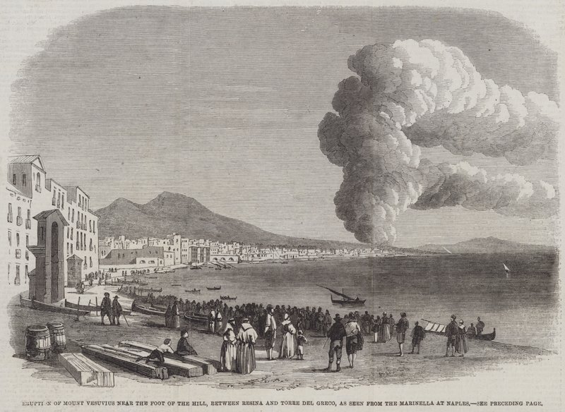 Utbrudd av Vesuv nær foten av åsen, mellom Resina og Torre del Greco, sett fra Marinella ved Napoli (gravering) av English School