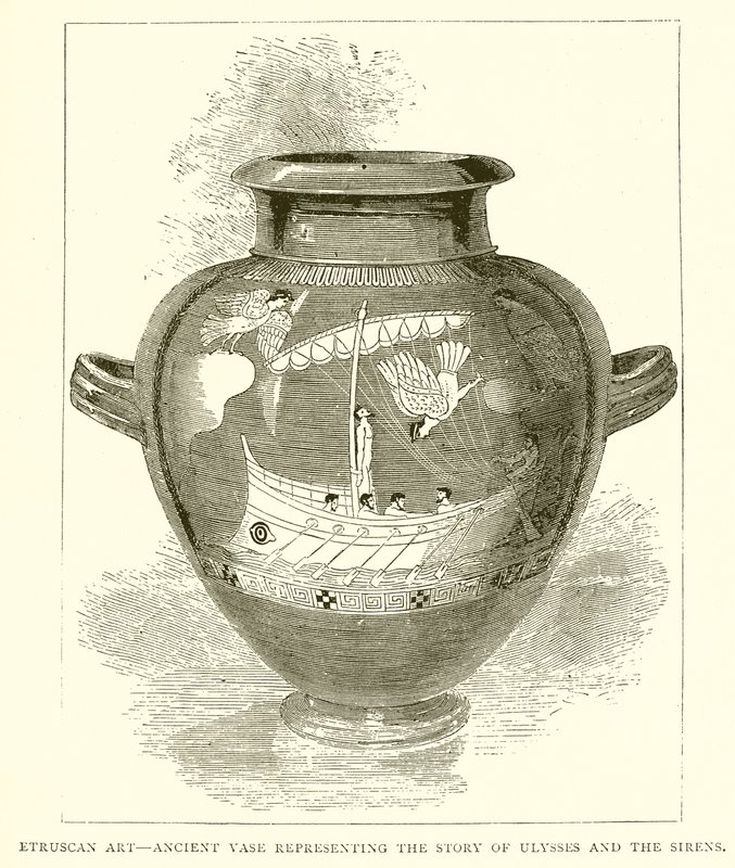 Etruskisk kunst - eldgammel vase som representerer historien om Ulysses og sirenene (gravering) av English School
