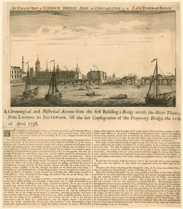 Nøyaktig utsikt over London Bridge siden brannen av den sene midlertidige broen, 11. april 1758 av English School