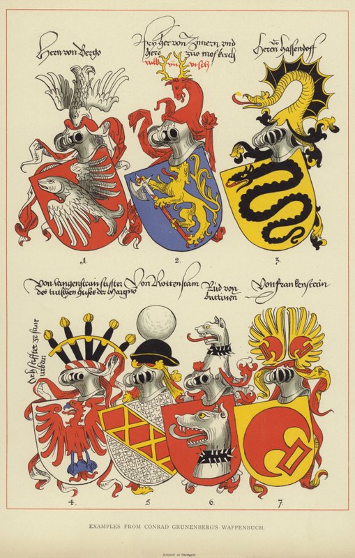 Eksempler fra Conrad Grunenbergs Wappenbuch (farge litho) av English School
