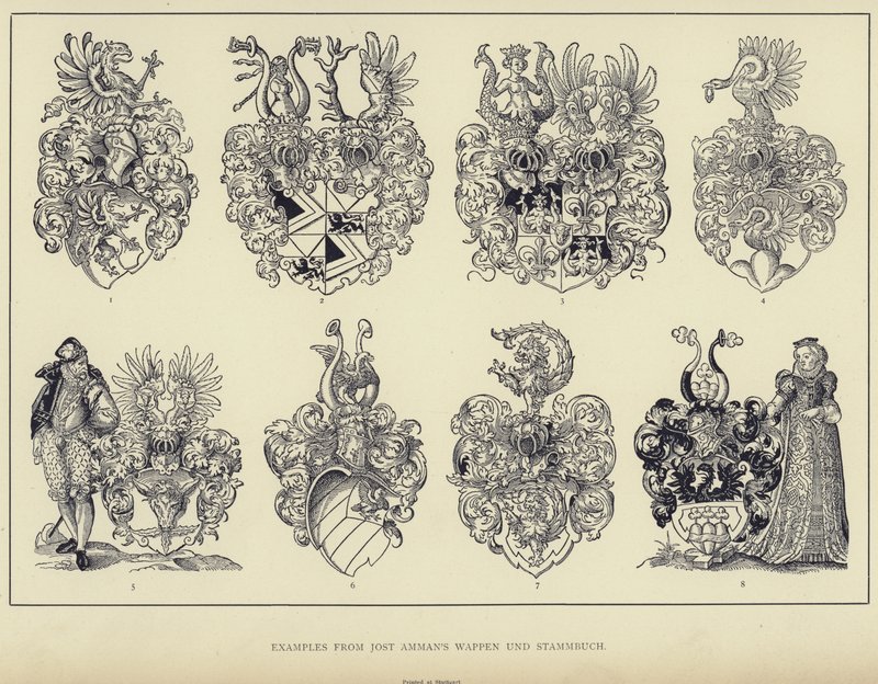 Eksempler fra Jost Ammans våpenskjold og familiebok (litho) av English School