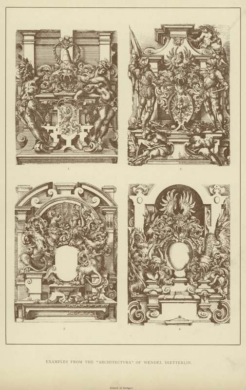 Eksempler fra "Architectvra" til Wendel Dietterlin (litho) av English School