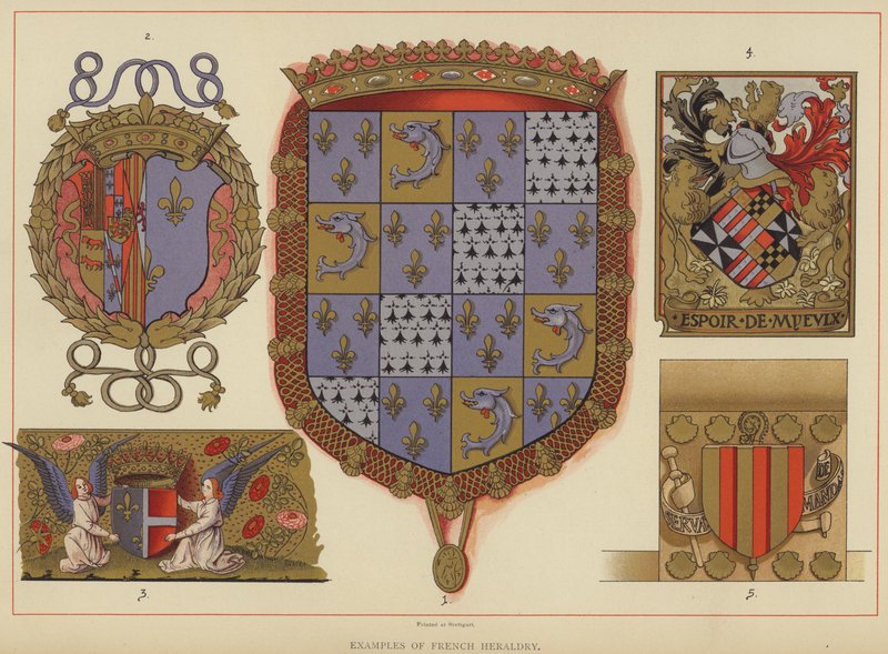Eksempler på fransk heraldikk (farge litho) av English School