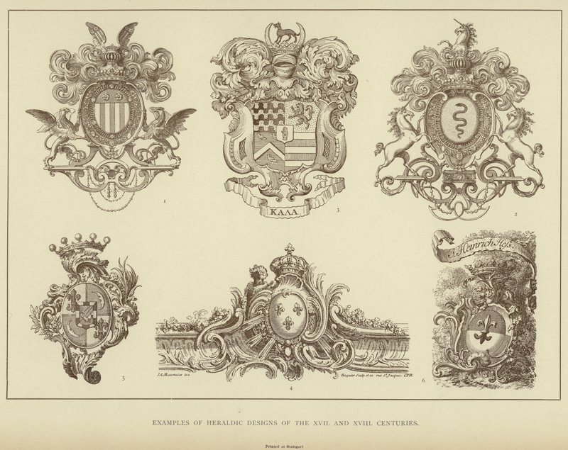 Eksempler på heraldiske design fra XVII og XVIII århundrer (litho) av English School