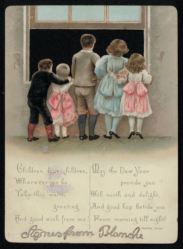 Spente barn ser ut av vinduet, nyttårs hilsen. (chromolitho) av English School