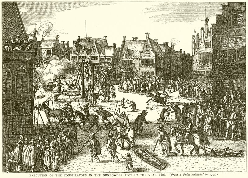 Henrettelse av konspiratørene i Kruttplottet i år 1606 av English School