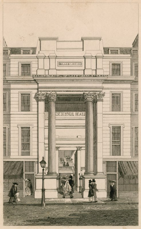 Exeter Hall, Strand, London; fra Gentlemans Magazine; bevis av English School