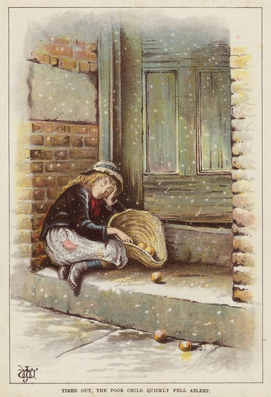 Utmattet barn sover på dørstokken i snøen (chromolitho) av English School