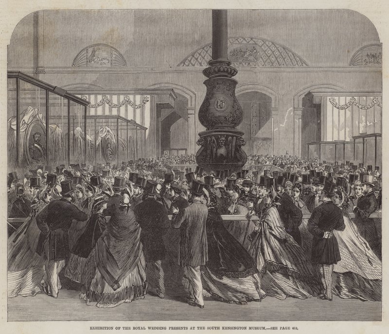 Utstilling av de kongelige bryllupsgavene på South Kensington Museum (gravering) av English School