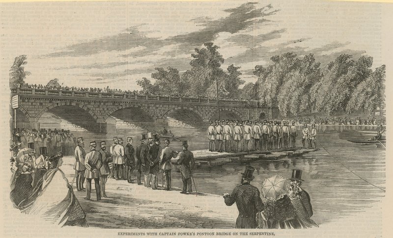 Eksperimenter med Captain Fowkes pontongbro på Serpentine, Hyde Park av English School