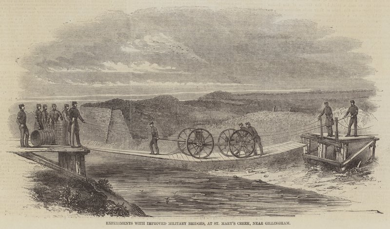Eksperimenter med forbedrede militære broer, ved St Mary's Creek, nær Gillingham (gravering) av English School