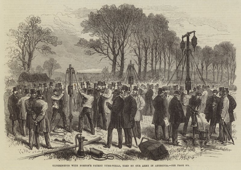 Eksperimenter med Nortons Patent Tube-Wells, brukt av Our Army i Abyssinia (gravering) av English School