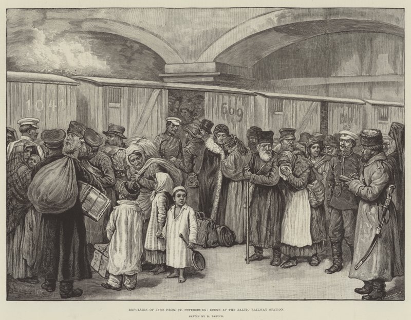 Utvisning av jøder fra St Petersburg, scene ved Baltic Railway Station (gravering) av English School