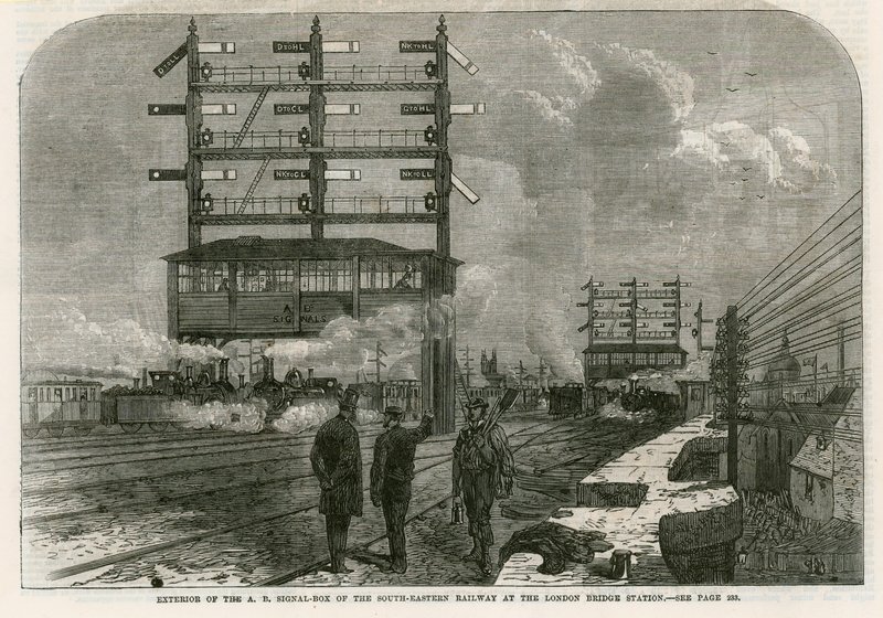 Utsiden av AB-signalboksen til South-Eastern Railway ved London Bridge Station av English School