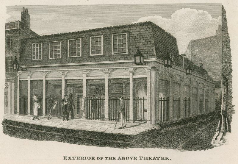 Eksteriør av Royal Olympic Theatre, Wych Street, nær Drury Lane, London av English School