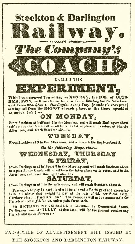 Fac-Simile of Advertisement Bill utstedt av Stockton og Darlington Railway av English School