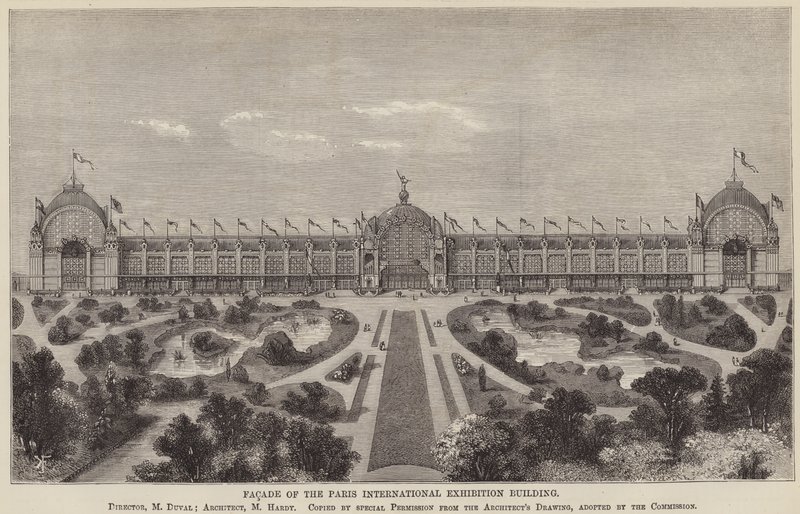 Fasade til Paris International Exhibition Building (gravering) av English School
