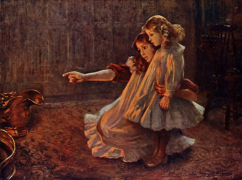 Faces in the Flames: kvinne og barn ser inn i en ild (farge litho) av English School