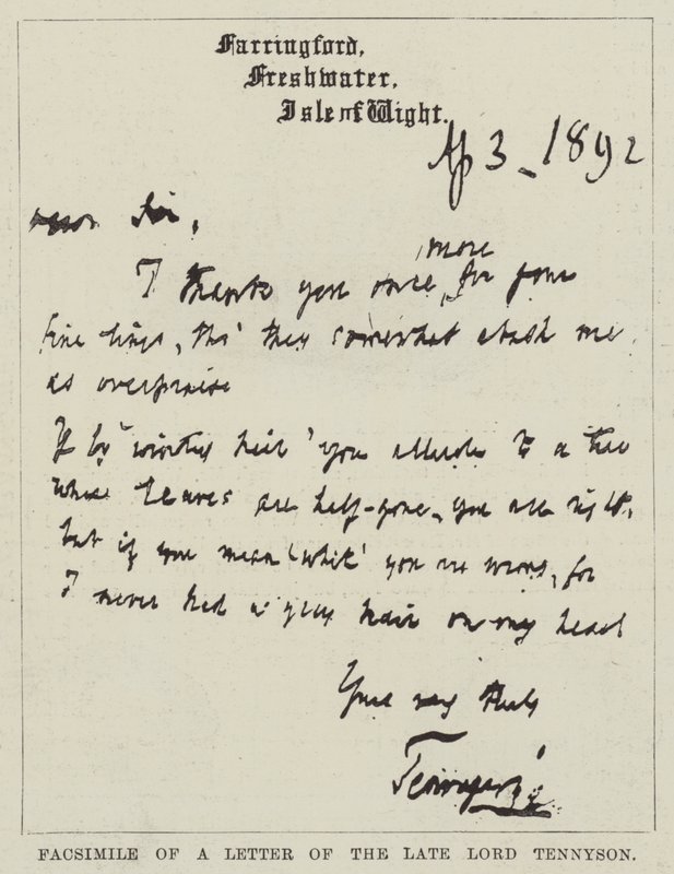 Faksimile av et brev fra avdøde Lord Tennyson (gravering) av English School