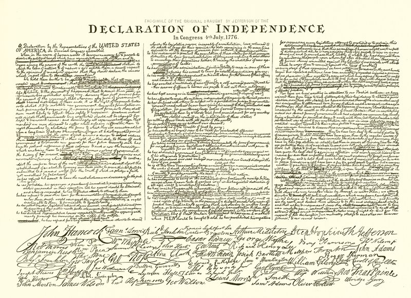 Faksimile av det originale utkastet av Thomas Jefferson av uavhengighetserklæringen i kongressen 4. juli 1776 av English School
