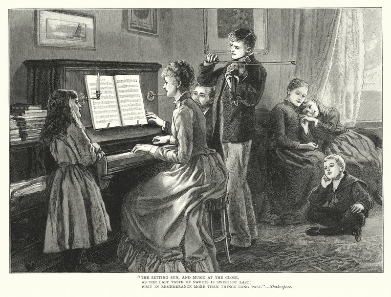Familie spiller musikk sammen (gravering) av English School