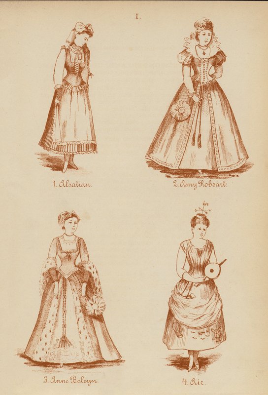 Fancy dress-antrekk: Alsatian, Amy Robsart, Anne Boleyn, Air (litho) av English School