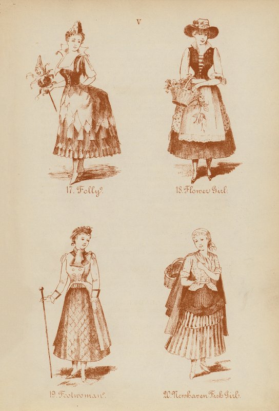 Fancy dress-antrekk: Folly, Flower Girl, Foolwoman, Newhaven Fish Girl (litho) av English School