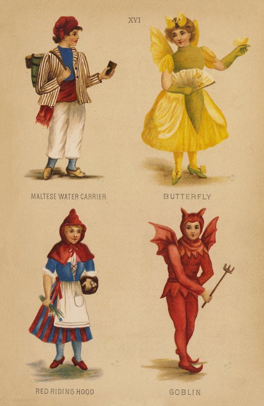 Fancy dress-antrekk: maltesisk vannbærer, sommerfugl, rødhette, nisse (litho-farge) av English School
