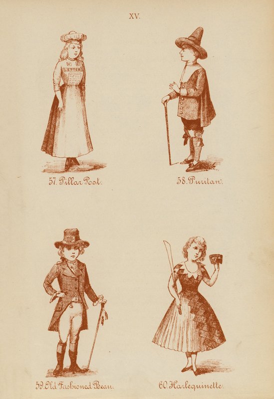 Fancy dress-antrekk: Pillar Post, Puritan, Old Fashioned Bean, Harlequinette (litho) av English School