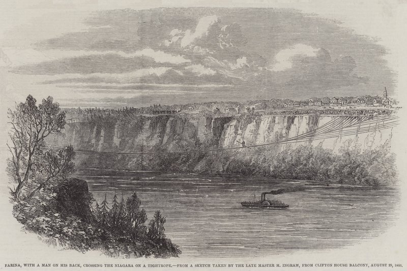 Farina, med en mann på ryggen, krysser Niagara på en stram tau, fra Clifton House Balcony, 29. august 1860 (gravering) av English School