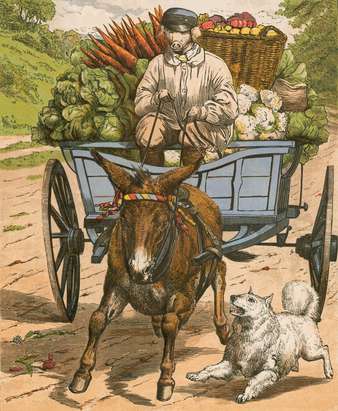 Bonde Grunter går til markedet på Hog Snorton (farge litho) av English School