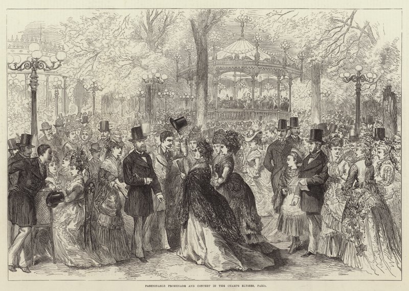 Fasjonabel promenade og konsert i Champs Elysees, Paris (gravering) av English School