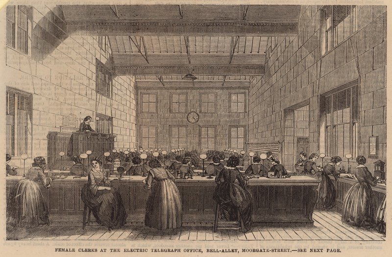 Kvinnelige funksjonærer ved Electric Telegraph-kontoret, Bell Alley, Moorgate Street av English School