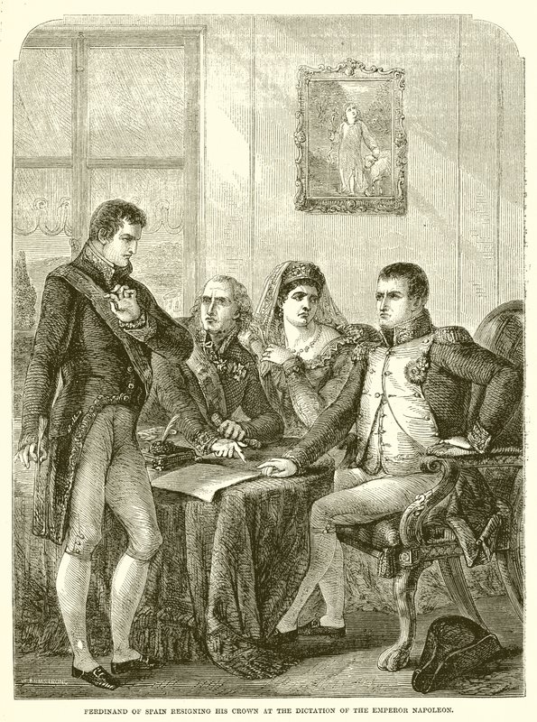 Ferdinand av Spania som fratrer sin krone etter diktatet til keiser Napoleon av English School