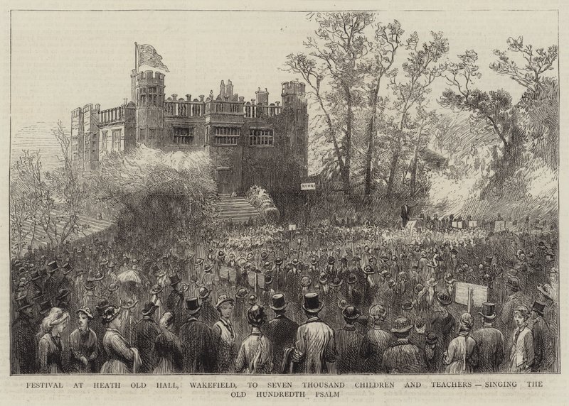 Festival i Heath Old Hall, Wakefield, til syv tusen barn og lærere, som synger den gamle hundre salmen (gravering) av English School