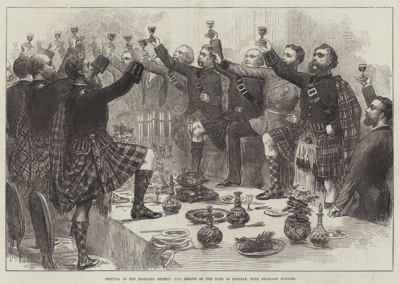 Festival of the Highland Society, the Health of the Duke of Rothsay, med Highland Honours (gravering) av English School