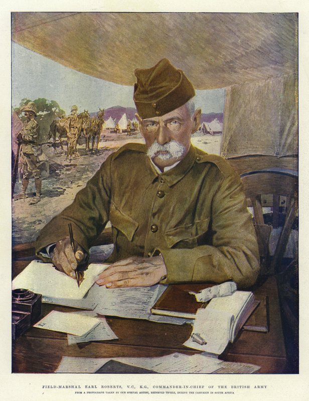 Feltmarskalk Earl Roberts, VC, KG, øverstkommanderende for den britiske hæren (fargelitografi) av English School