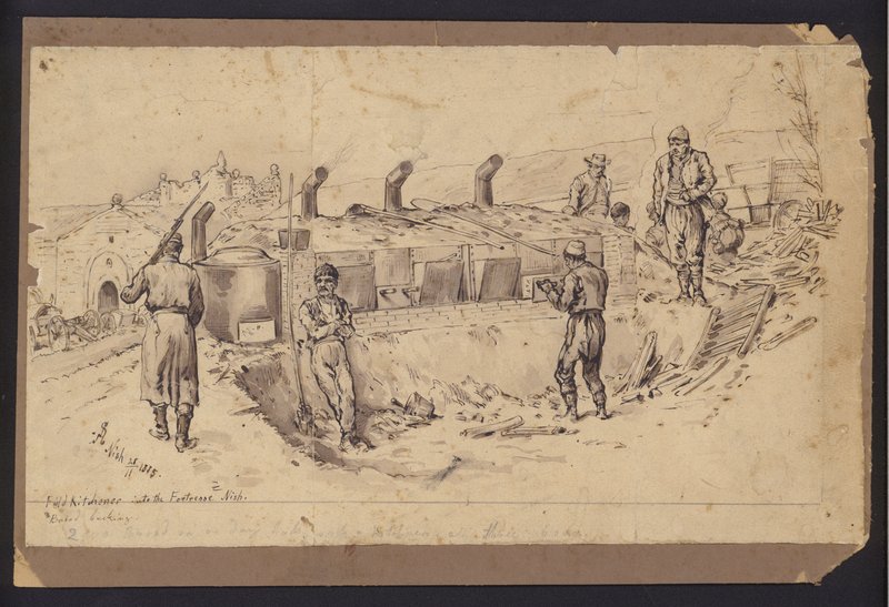 Feltkjøkken inn til festningen Nis, Serbia, Serbo-Bulgarsk krig, 28. november 1885 (tegning) av English School