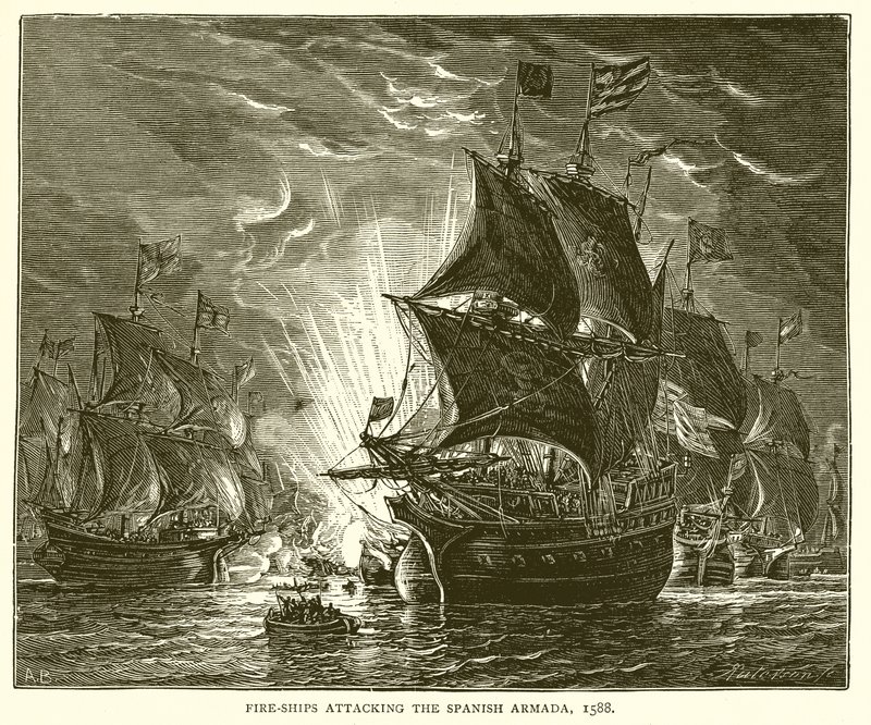 Brannskip som angriper den spanske armadaen, 1588 av English School