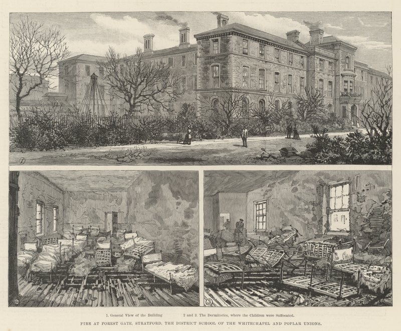 Brann ved Forest Gate, Stratford, District School of the Whitechapel og Poplar Unions (gravering) av English School
