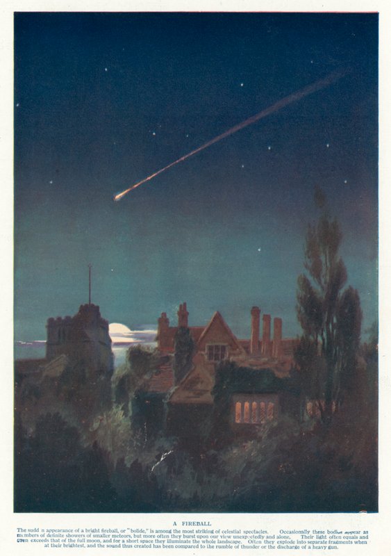 Ildkule forårsaket av en stor meteor som kommer inn i jordens atmosfære (farge litho) av English School