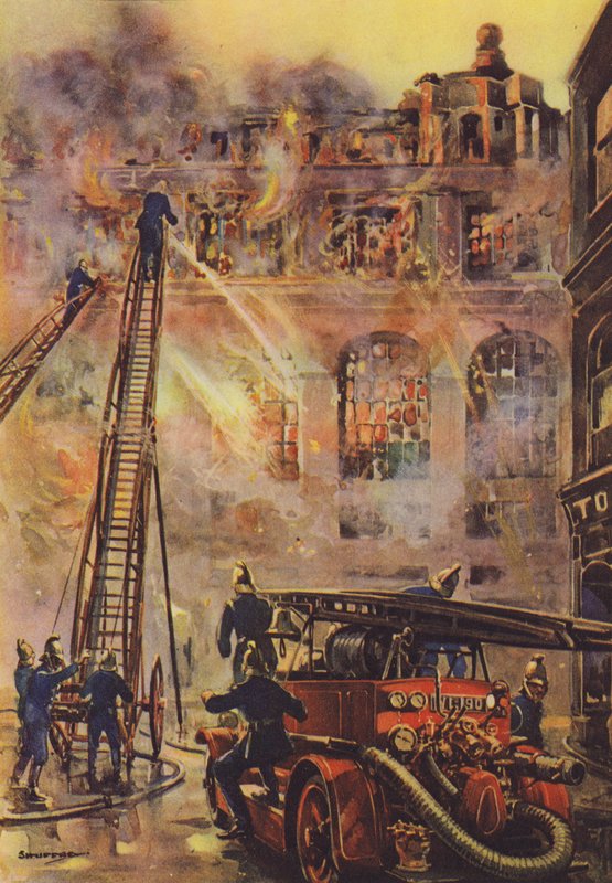 Brannmenn som kjemper mot en brann på et stort hotell (farge litho) av English School