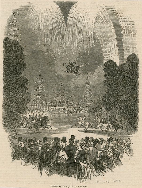Fyrverkeri i Vauxhall Gardens, London av English School