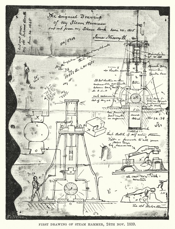 Første tegning av Steam Hammer, 24. november 1839 (gravering) av English School