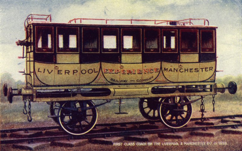 Førsteklasses trener på Liverpool og Manchester Railway i 1838 (farge litho) av English School