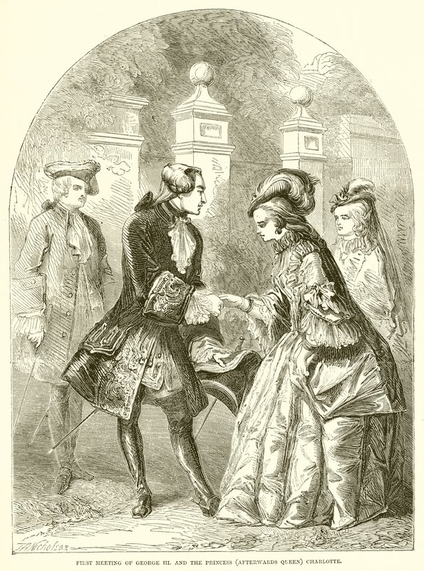 Første møte med George III. og prinsessen (etterpå dronning) Charlotte av English School