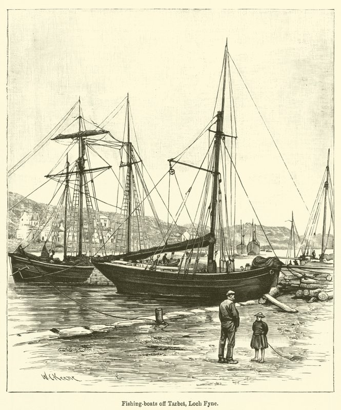 Fiskebåter utenfor Tarbet, Loch Fyne (gravering) av English School